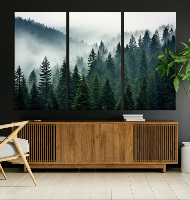 The Captivating Misty Forest Wall Art Premium Canvas Print portrays a foggy and serene atmosphere. This enchanting piece is displayed across three panels, each gallery wrapped for a seamless, sophisticated look.