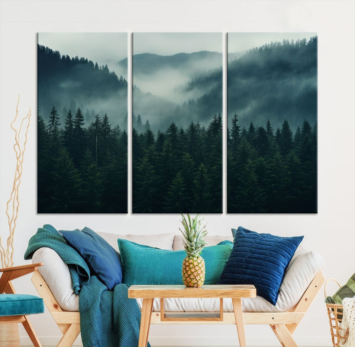 The Captivating Misty Forest Wall Art Premium Canvas Print adds a foggy and serene atmosphere to the living room with its large triptych on gallery-wrapped museum-quality canvas.