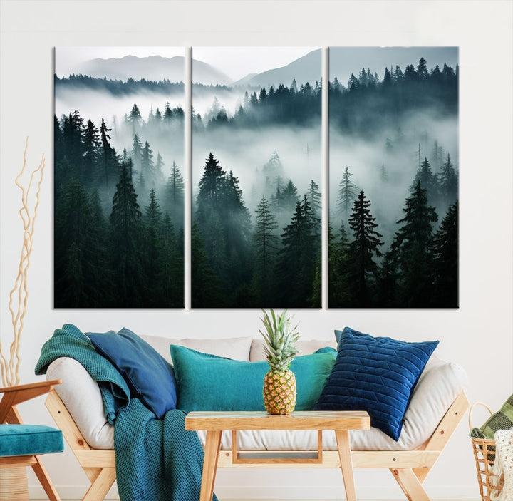 The Captivating Misty Forest Wall Art Premium Canvas Print, featuring a foggy and serene atmosphere on museum-quality canvases with a UV-protective coating, adorns the wall.