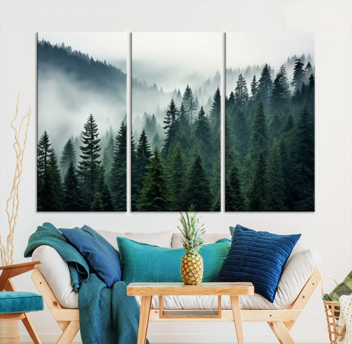 The Captivating Misty Forest Wall Art Premium Canvas Print portrays a foggy and serene atmosphere. This enchanting piece is displayed across three panels, each gallery wrapped for a seamless, sophisticated look.