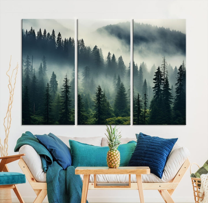 The Captivating Misty Forest Wall Art Premium Canvas Print creates a foggy and serene atmosphere in the living room. Each canvas is ready to hang and comes with a UV-protective coating to ensure lasting beauty.