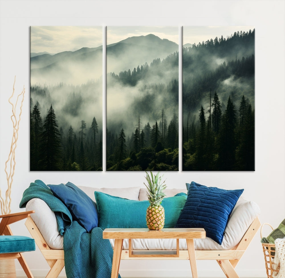 The "Captivating Misty Forest" wall art is a three-panel masterpiece that brings a foggy and serene atmosphere to the space. Printed on museum-quality canvas with a UV-protective coating, this piece offers an inviting and modern touch, ready to hang.