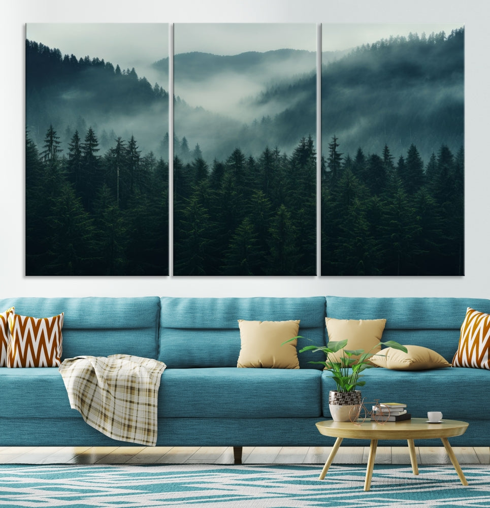 The Captivating Misty Forest Wall Art Premium Canvas Print adds a foggy and serene atmosphere to the living room with its large triptych on gallery-wrapped museum-quality canvas.