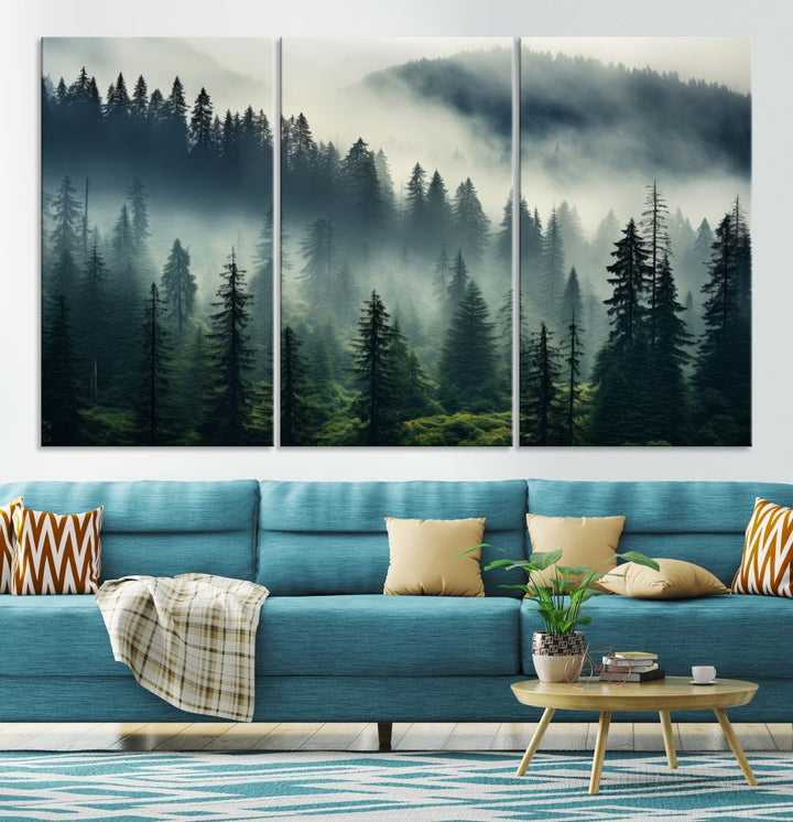 The Captivating Misty Forest Wall Art Premium Canvas Print creates a foggy and serene atmosphere in the living room. Each canvas is ready to hang and comes with a UV-protective coating to ensure lasting beauty.