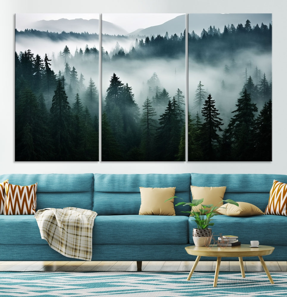 The Captivating Misty Forest Wall Art Premium Canvas Print, featuring a foggy and serene atmosphere on museum-quality canvases with a UV-protective coating, adorns the wall.