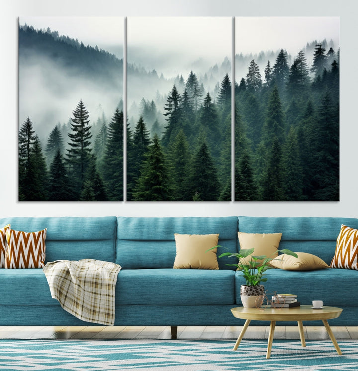 The Captivating Misty Forest Wall Art Premium Canvas Print portrays a foggy and serene atmosphere. This enchanting piece is displayed across three panels, each gallery wrapped for a seamless, sophisticated look.