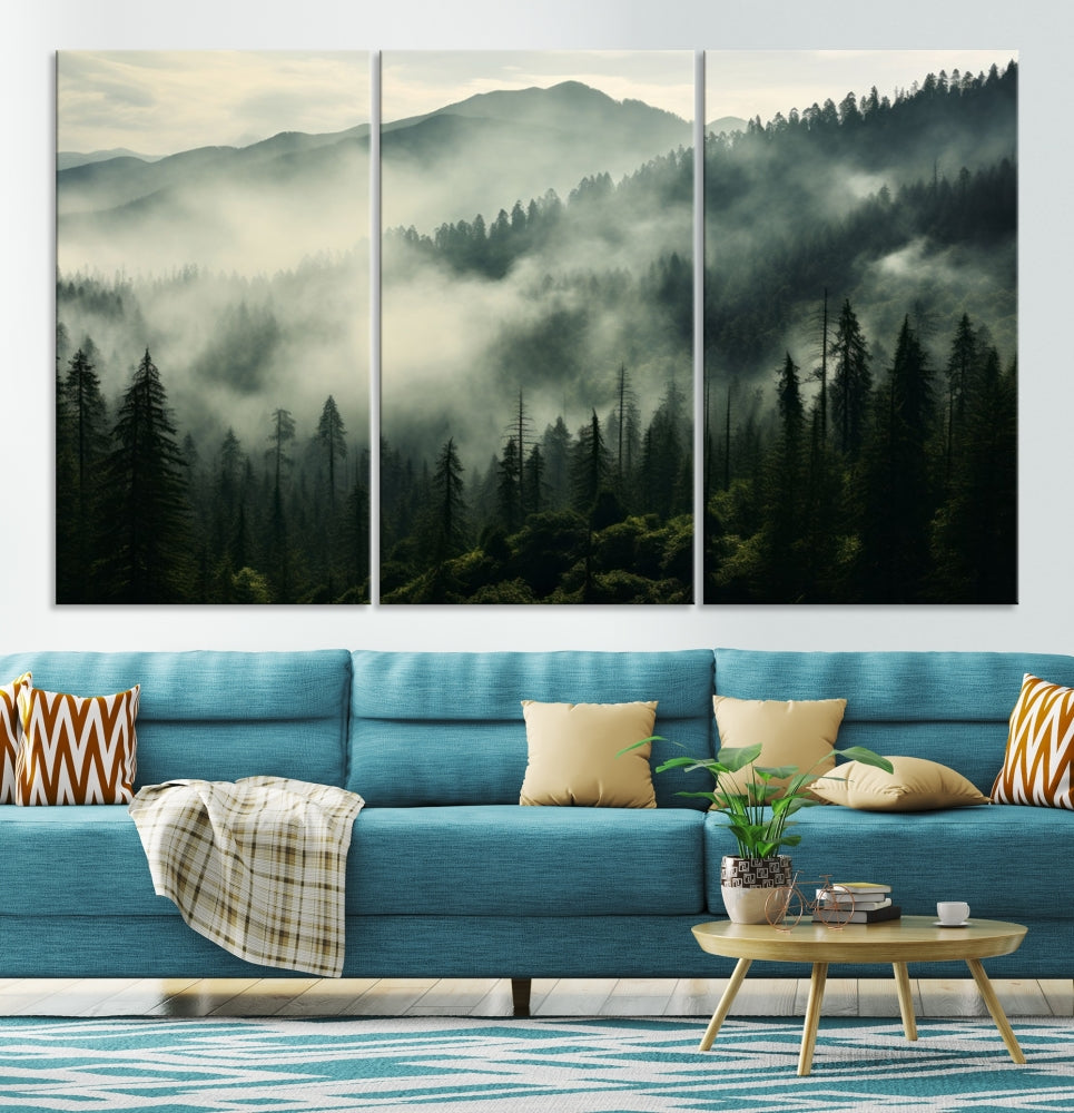 The "Captivating Misty Forest" wall art is a three-panel masterpiece that brings a foggy and serene atmosphere to the space. Printed on museum-quality canvas with a UV-protective coating, this piece offers an inviting and modern touch, ready to hang.