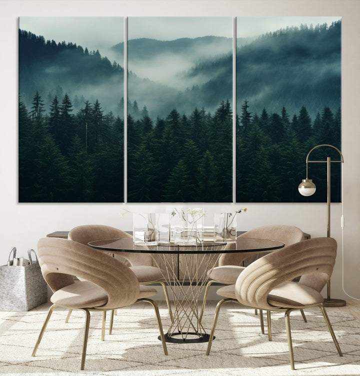 The Captivating Misty Forest Wall Art Premium Canvas Print adds a foggy and serene atmosphere to the living room with its large triptych on gallery-wrapped museum-quality canvas.