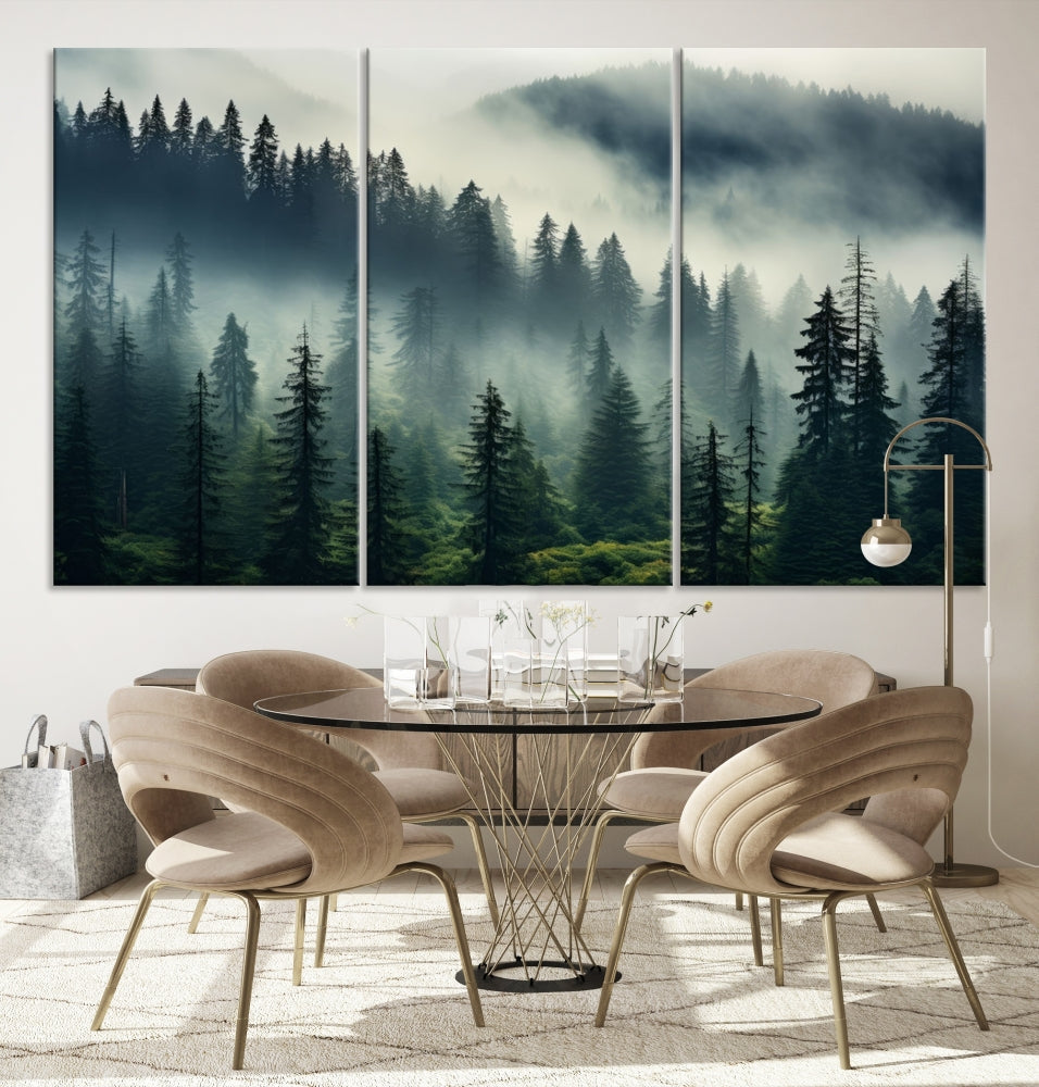 The Captivating Misty Forest Wall Art Premium Canvas Print creates a foggy and serene atmosphere in the living room. Each canvas is ready to hang and comes with a UV-protective coating to ensure lasting beauty.