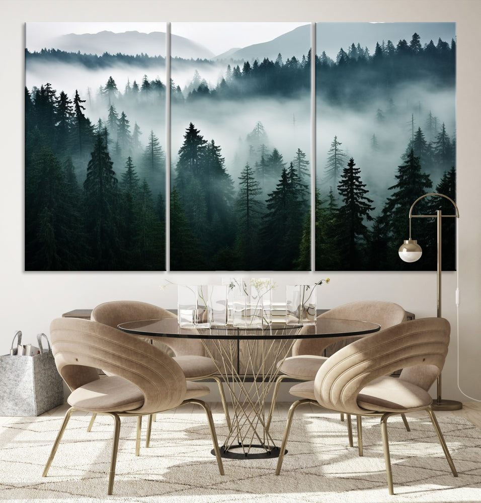 The Captivating Misty Forest Wall Art Premium Canvas Print, featuring a foggy and serene atmosphere on museum-quality canvases with a UV-protective coating, adorns the wall.