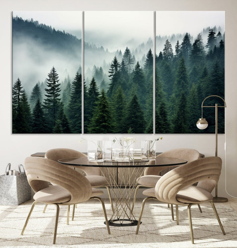 The Captivating Misty Forest Wall Art Premium Canvas Print portrays a foggy and serene atmosphere. This enchanting piece is displayed across three panels, each gallery wrapped for a seamless, sophisticated look.