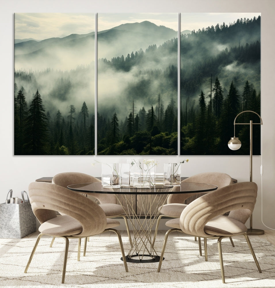 The "Captivating Misty Forest" wall art is a three-panel masterpiece that brings a foggy and serene atmosphere to the space. Printed on museum-quality canvas with a UV-protective coating, this piece offers an inviting and modern touch, ready to hang.