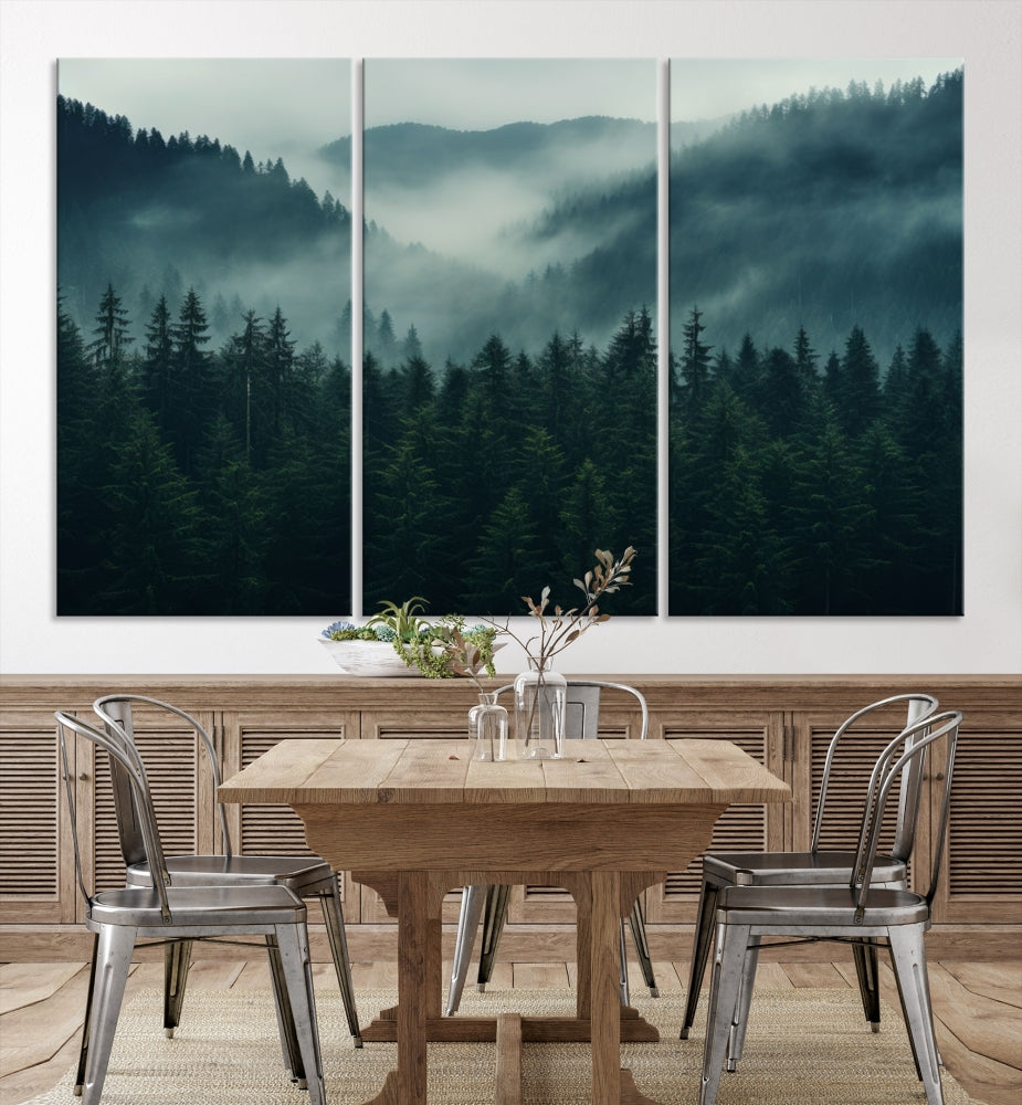 The Captivating Misty Forest Wall Art Premium Canvas Print adds a foggy and serene atmosphere to the living room with its large triptych on gallery-wrapped museum-quality canvas.