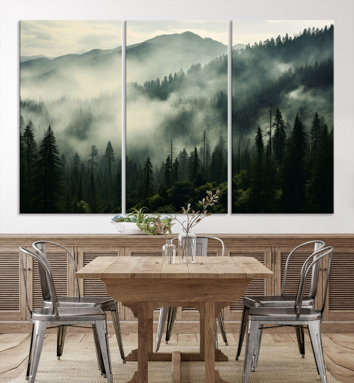 The "Captivating Misty Forest" wall art is a three-panel masterpiece that brings a foggy and serene atmosphere to the space. Printed on museum-quality canvas with a UV-protective coating, this piece offers an inviting and modern touch, ready to hang.