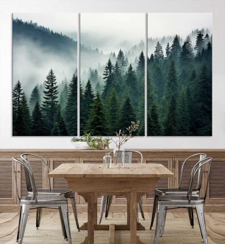 The Captivating Misty Forest Wall Art Premium Canvas Print portrays a foggy and serene atmosphere. This enchanting piece is displayed across three panels, each gallery wrapped for a seamless, sophisticated look.