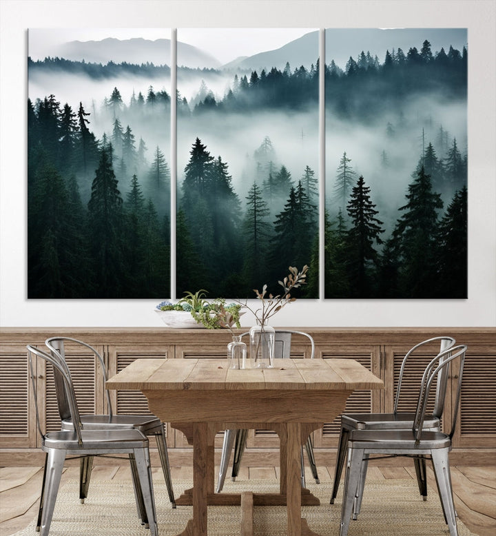 The Captivating Misty Forest Wall Art Premium Canvas Print, featuring a foggy and serene atmosphere on museum-quality canvases with a UV-protective coating, adorns the wall.