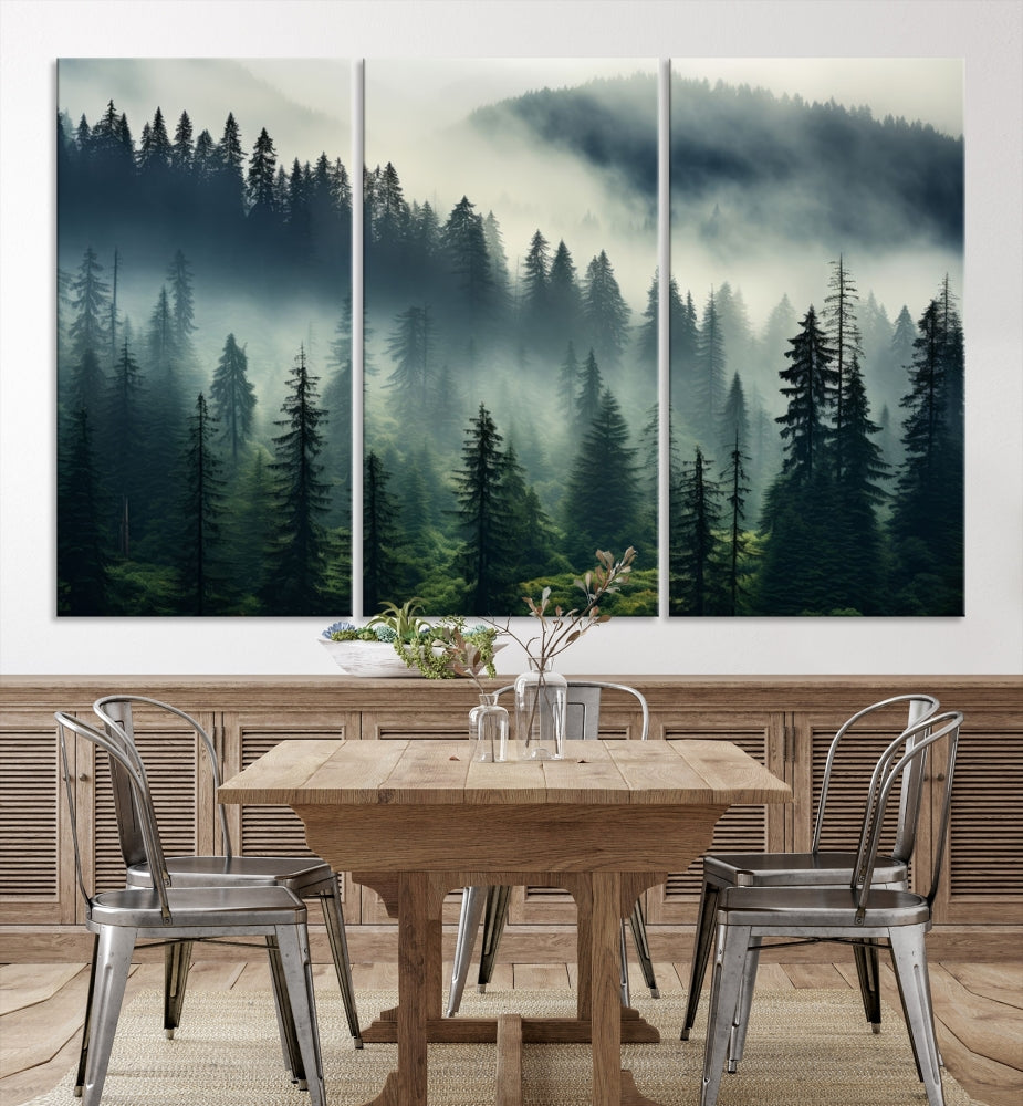 The Captivating Misty Forest Wall Art Premium Canvas Print creates a foggy and serene atmosphere in the living room. Each canvas is ready to hang and comes with a UV-protective coating to ensure lasting beauty.