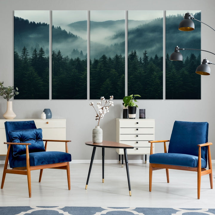 The Captivating Misty Forest Wall Art Premium Canvas Print adds a foggy and serene atmosphere to the living room with its large triptych on gallery-wrapped museum-quality canvas.