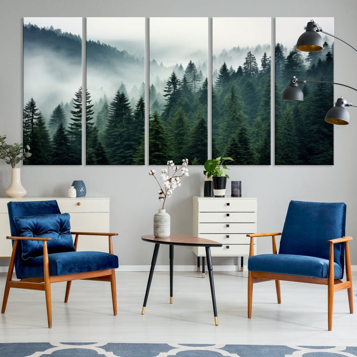 The Captivating Misty Forest Wall Art Premium Canvas Print portrays a foggy and serene atmosphere. This enchanting piece is displayed across three panels, each gallery wrapped for a seamless, sophisticated look.