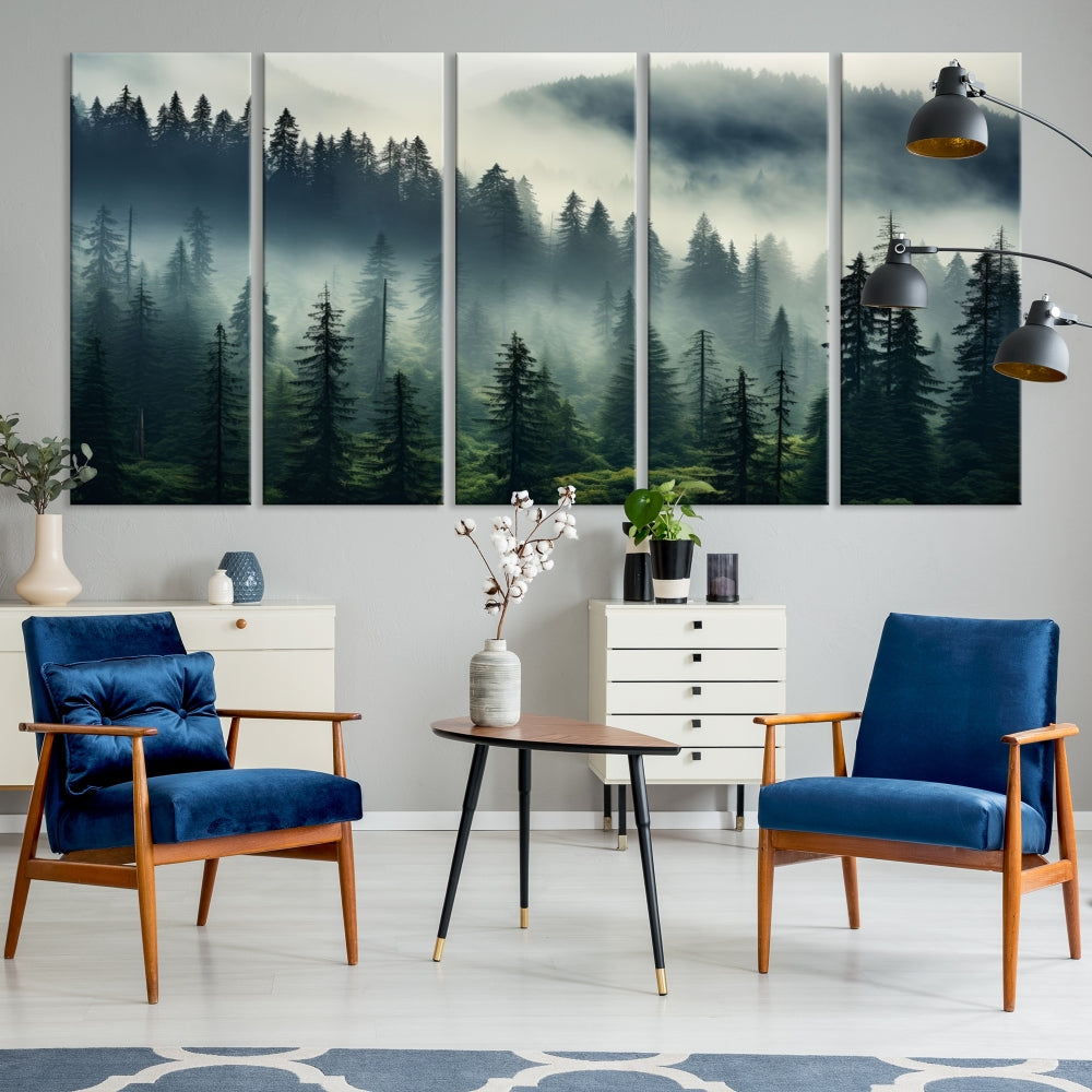 The Captivating Misty Forest Wall Art Premium Canvas Print creates a foggy and serene atmosphere in the living room. Each canvas is ready to hang and comes with a UV-protective coating to ensure lasting beauty.