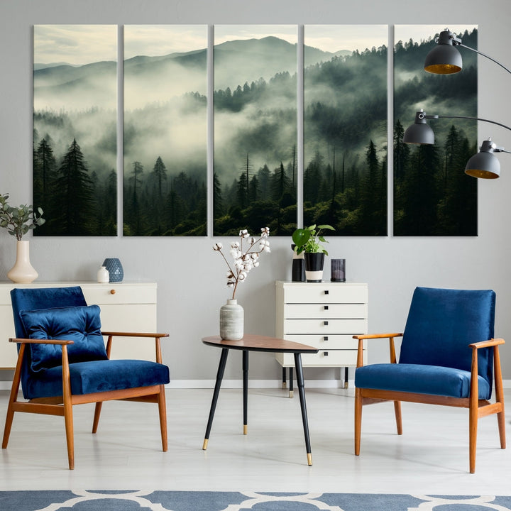 The "Captivating Misty Forest" wall art is a three-panel masterpiece that brings a foggy and serene atmosphere to the space. Printed on museum-quality canvas with a UV-protective coating, this piece offers an inviting and modern touch, ready to hang.