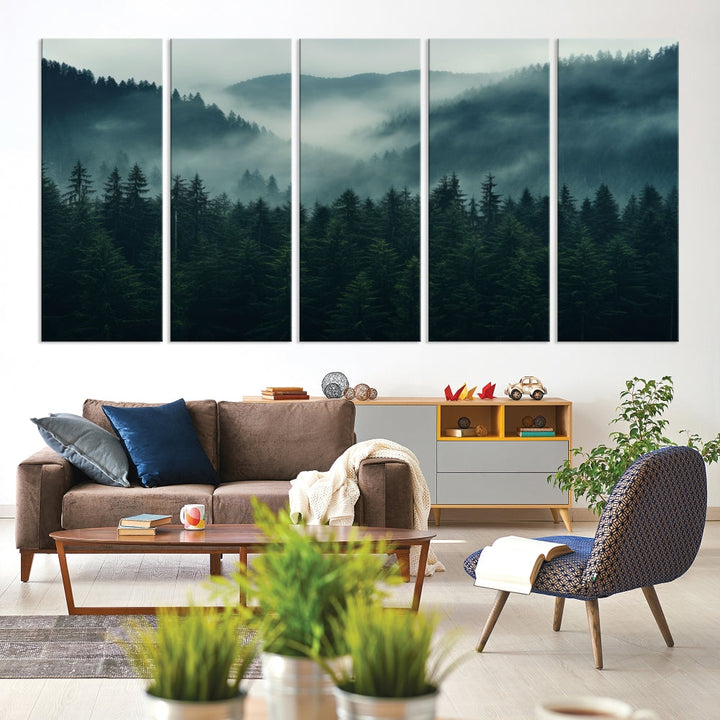 The Captivating Misty Forest Wall Art Premium Canvas Print adds a foggy and serene atmosphere to the living room with its large triptych on gallery-wrapped museum-quality canvas.