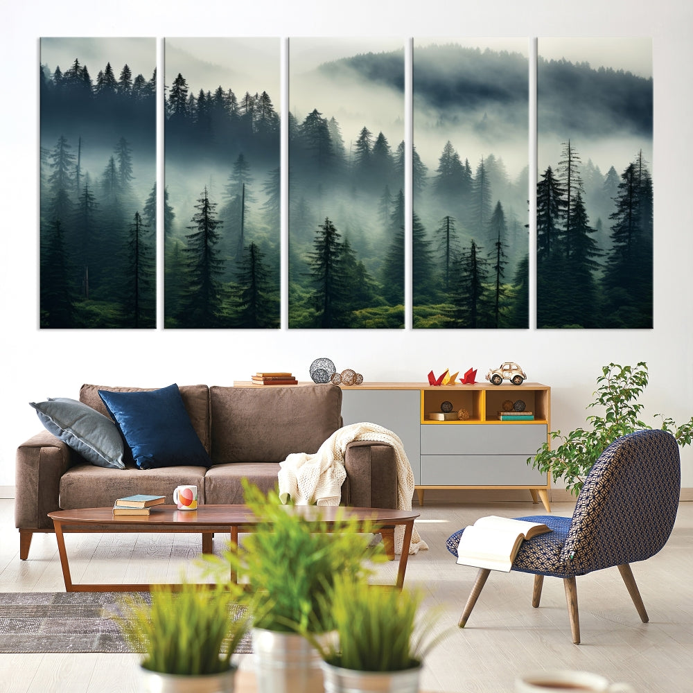 The Captivating Misty Forest Wall Art Premium Canvas Print creates a foggy and serene atmosphere in the living room. Each canvas is ready to hang and comes with a UV-protective coating to ensure lasting beauty.