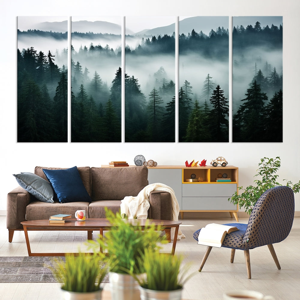 The Captivating Misty Forest Wall Art Premium Canvas Print, featuring a foggy and serene atmosphere on museum-quality canvases with a UV-protective coating, adorns the wall.