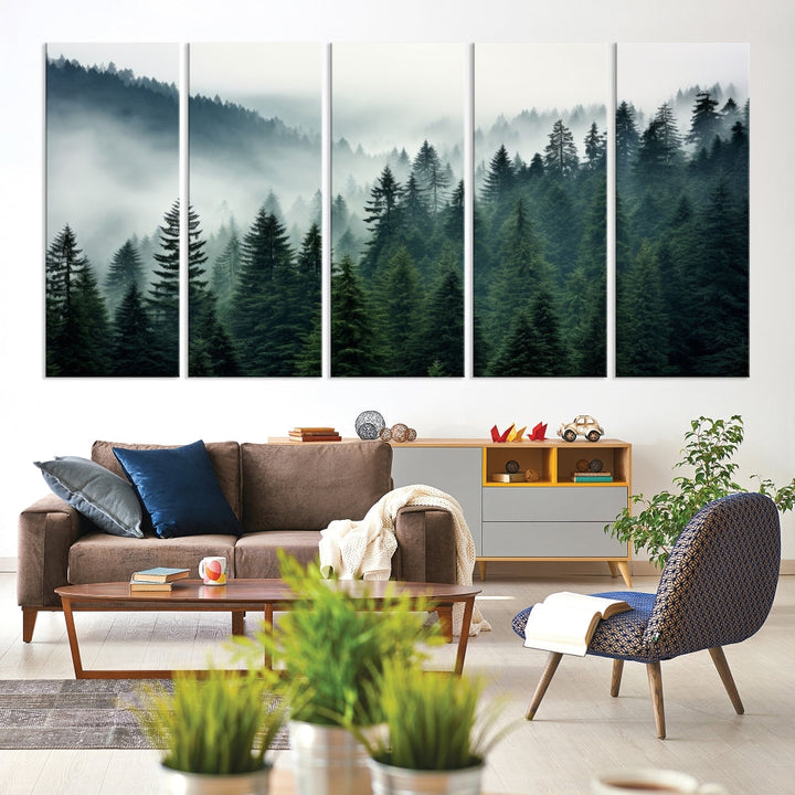 The Captivating Misty Forest Wall Art Premium Canvas Print portrays a foggy and serene atmosphere. This enchanting piece is displayed across three panels, each gallery wrapped for a seamless, sophisticated look.