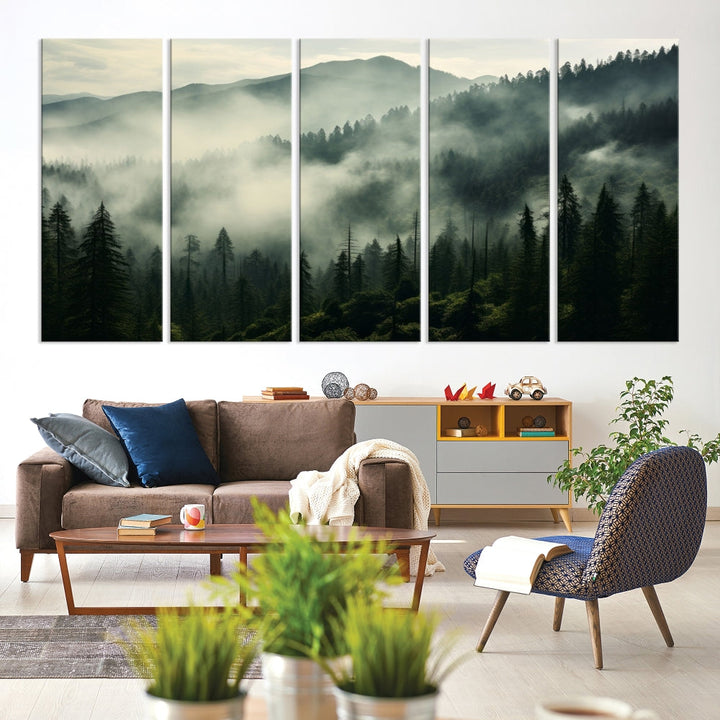 The "Captivating Misty Forest" wall art is a three-panel masterpiece that brings a foggy and serene atmosphere to the space. Printed on museum-quality canvas with a UV-protective coating, this piece offers an inviting and modern touch, ready to hang.