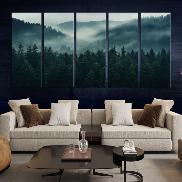 The Captivating Misty Forest Wall Art Premium Canvas Print adds a foggy and serene atmosphere to the living room with its large triptych on gallery-wrapped museum-quality canvas.