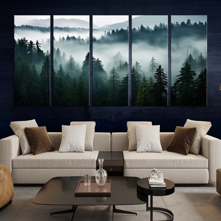 The Captivating Misty Forest Wall Art Premium Canvas Print, featuring a foggy and serene atmosphere on museum-quality canvases with a UV-protective coating, adorns the wall.