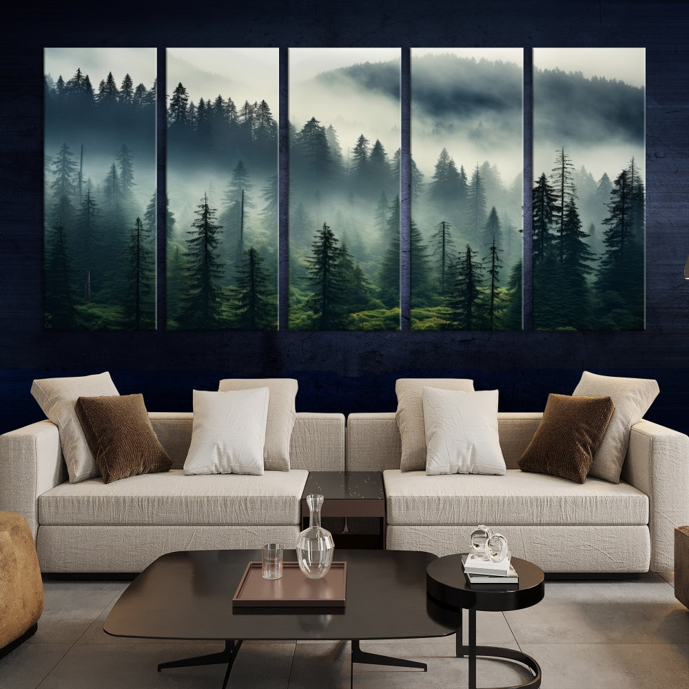 The Captivating Misty Forest Wall Art Premium Canvas Print creates a foggy and serene atmosphere in the living room. Each canvas is ready to hang and comes with a UV-protective coating to ensure lasting beauty.