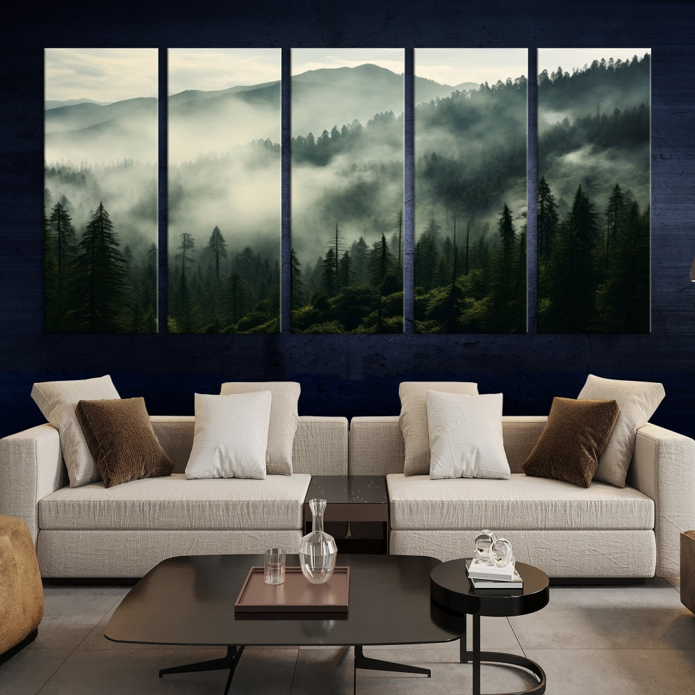 The "Captivating Misty Forest" wall art is a three-panel masterpiece that brings a foggy and serene atmosphere to the space. Printed on museum-quality canvas with a UV-protective coating, this piece offers an inviting and modern touch, ready to hang.