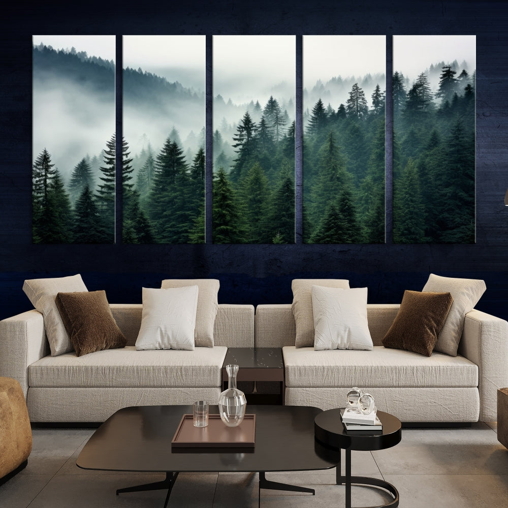 The Captivating Misty Forest Wall Art Premium Canvas Print portrays a foggy and serene atmosphere. This enchanting piece is displayed across three panels, each gallery wrapped for a seamless, sophisticated look.