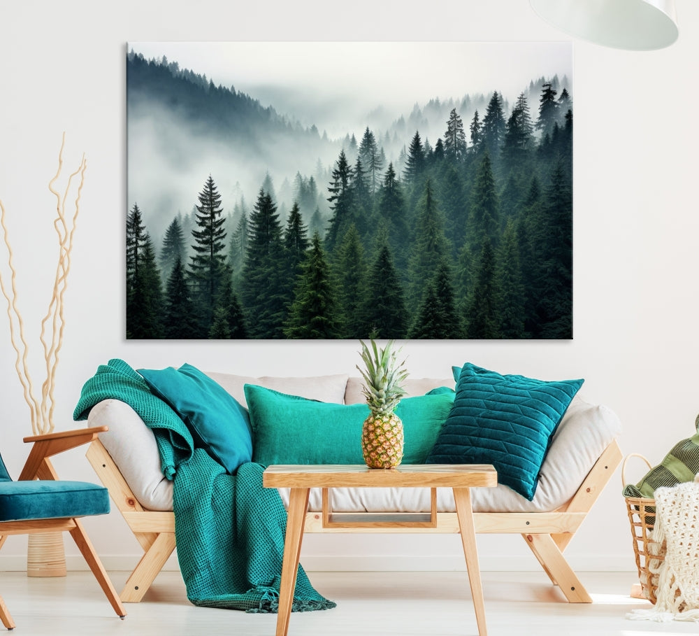 The Captivating Misty Forest Wall Art Premium Canvas Print portrays a foggy and serene atmosphere. This enchanting piece is displayed across three panels, each gallery wrapped for a seamless, sophisticated look.