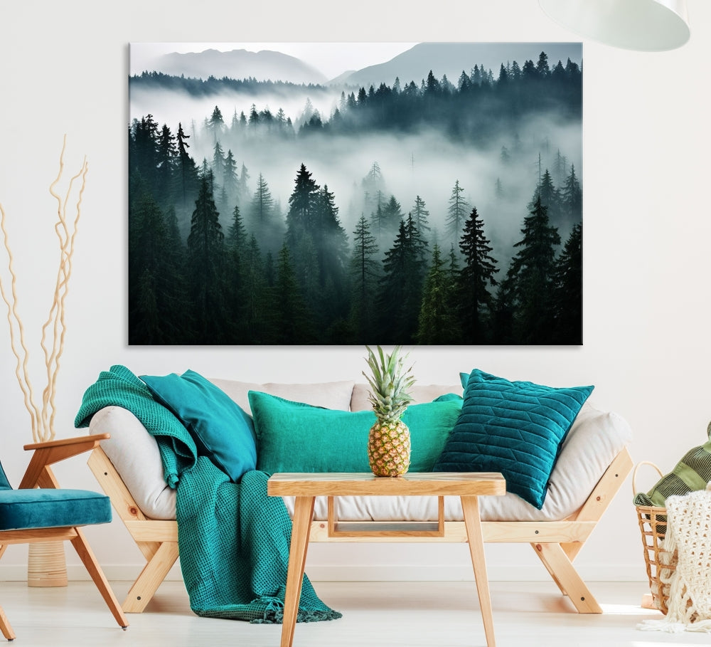 The Captivating Misty Forest Wall Art Premium Canvas Print, featuring a foggy and serene atmosphere on museum-quality canvases with a UV-protective coating, adorns the wall.