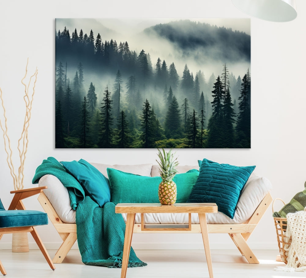 The Captivating Misty Forest Wall Art Premium Canvas Print creates a foggy and serene atmosphere in the living room. Each canvas is ready to hang and comes with a UV-protective coating to ensure lasting beauty.