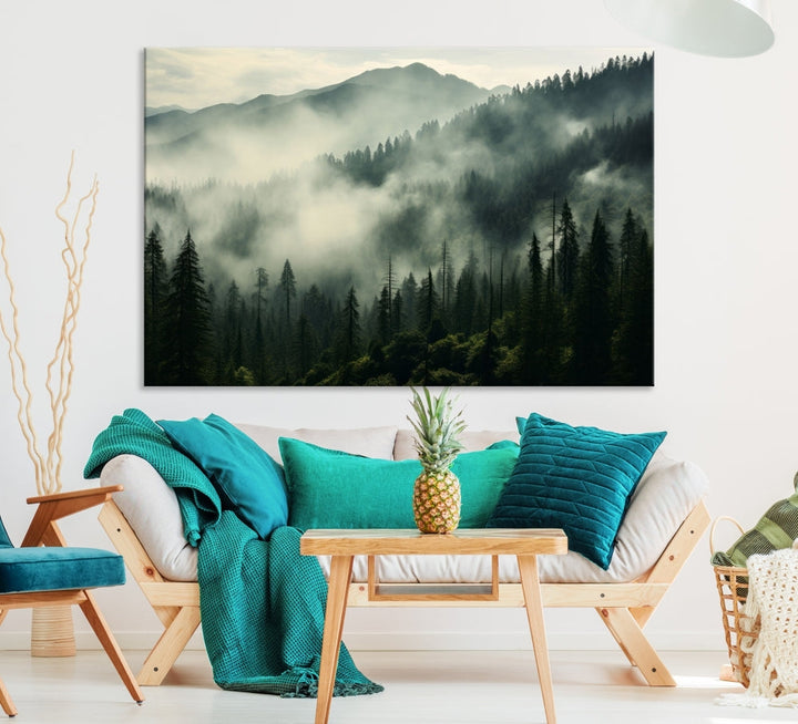 The "Captivating Misty Forest" wall art is a three-panel masterpiece that brings a foggy and serene atmosphere to the space. Printed on museum-quality canvas with a UV-protective coating, this piece offers an inviting and modern touch, ready to hang.