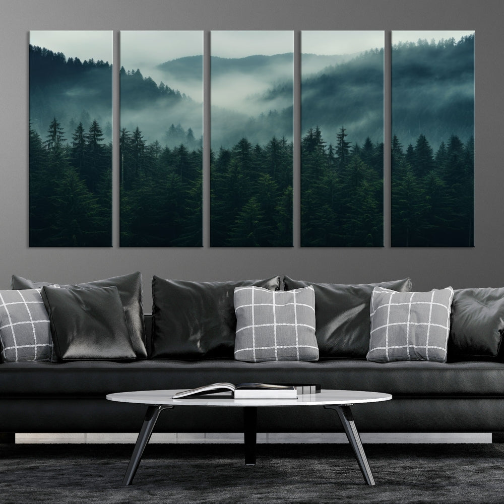 The Captivating Misty Forest Wall Art Premium Canvas Print adds a foggy and serene atmosphere to the living room with its large triptych on gallery-wrapped museum-quality canvas.