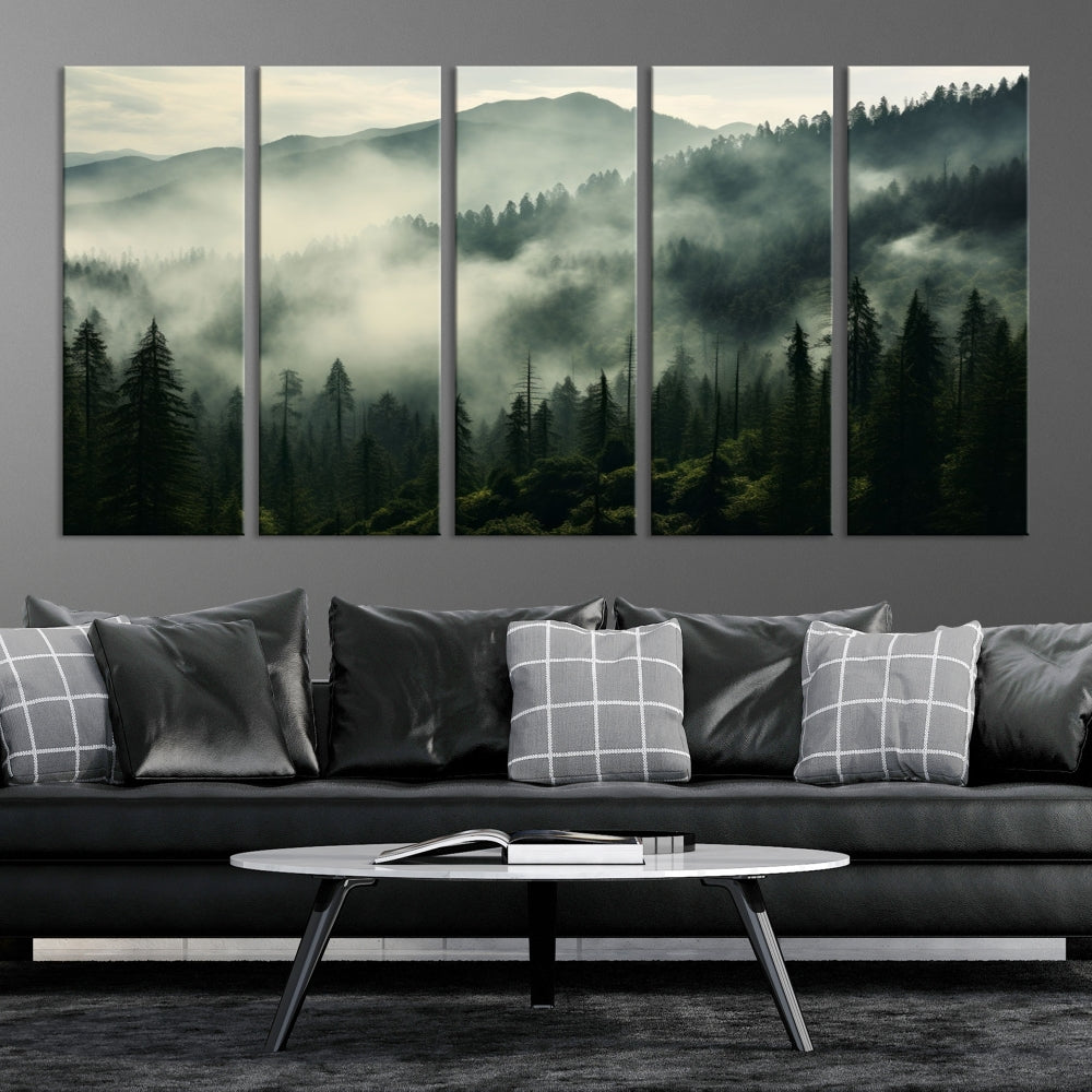 The "Captivating Misty Forest" wall art is a three-panel masterpiece that brings a foggy and serene atmosphere to the space. Printed on museum-quality canvas with a UV-protective coating, this piece offers an inviting and modern touch, ready to hang.