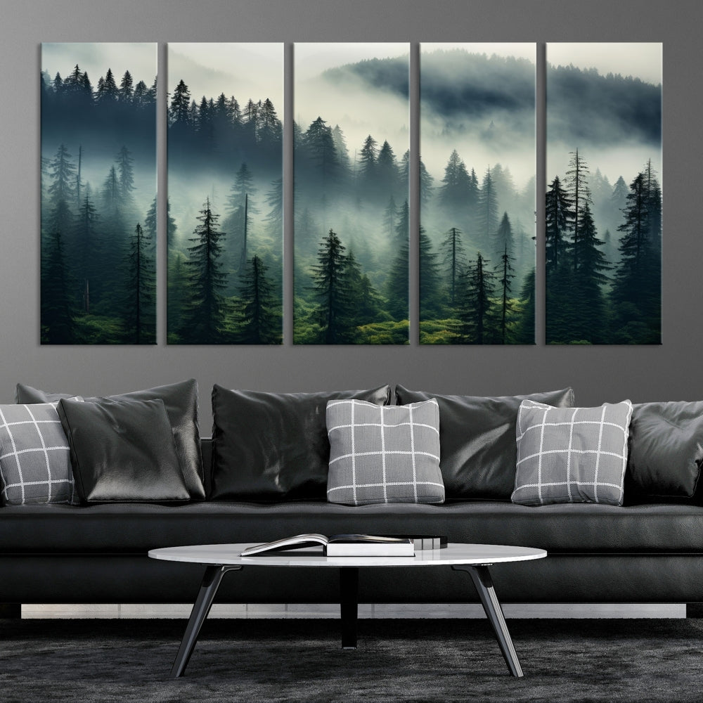 The Captivating Misty Forest Wall Art Premium Canvas Print creates a foggy and serene atmosphere in the living room. Each canvas is ready to hang and comes with a UV-protective coating to ensure lasting beauty.