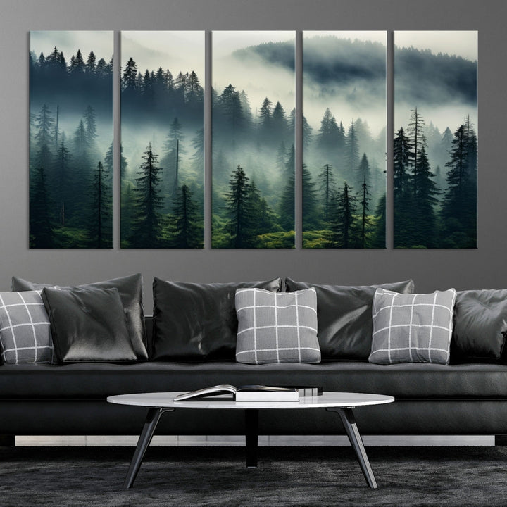 The Captivating Misty Forest Wall Art Premium Canvas Print creates a foggy and serene atmosphere in the living room. Each canvas is ready to hang and comes with a UV-protective coating to ensure lasting beauty.