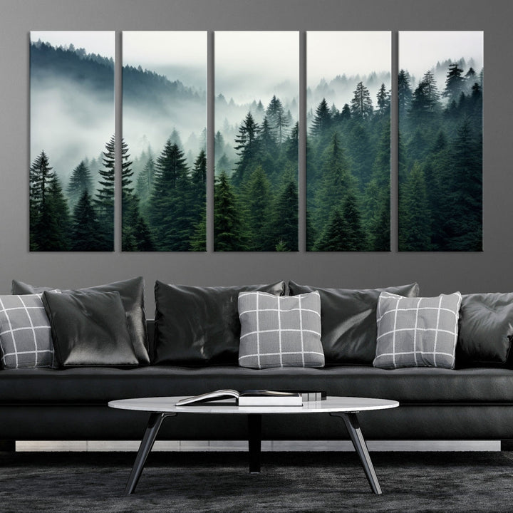 The Captivating Misty Forest Wall Art Premium Canvas Print portrays a foggy and serene atmosphere. This enchanting piece is displayed across three panels, each gallery wrapped for a seamless, sophisticated look.