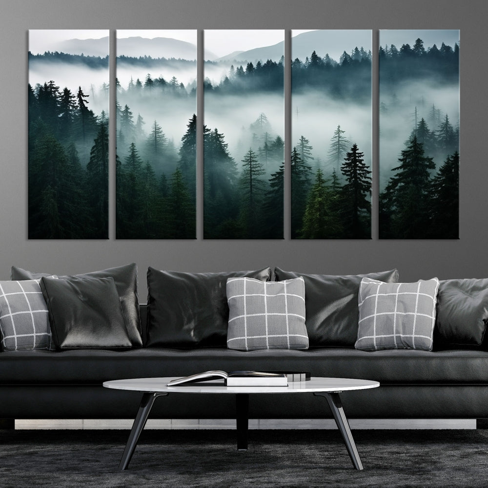 The Captivating Misty Forest Wall Art Premium Canvas Print, featuring a foggy and serene atmosphere on museum-quality canvases with a UV-protective coating, adorns the wall.