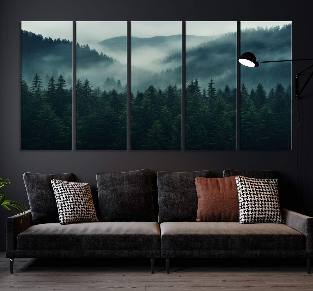 The Captivating Misty Forest Wall Art Premium Canvas Print adds a foggy and serene atmosphere to the living room with its large triptych on gallery-wrapped museum-quality canvas.