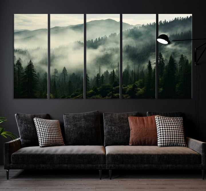 The "Captivating Misty Forest" wall art is a three-panel masterpiece that brings a foggy and serene atmosphere to the space. Printed on museum-quality canvas with a UV-protective coating, this piece offers an inviting and modern touch, ready to hang.