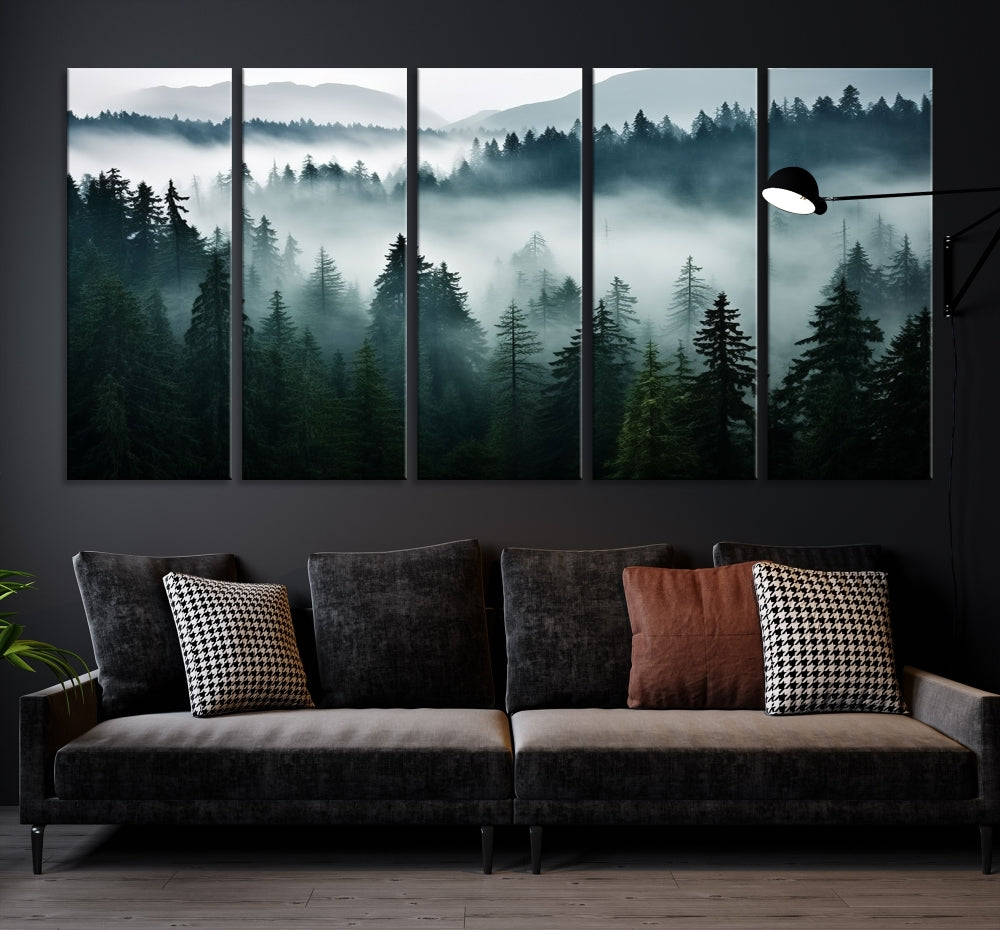 The Captivating Misty Forest Wall Art Premium Canvas Print, featuring a foggy and serene atmosphere on museum-quality canvases with a UV-protective coating, adorns the wall.