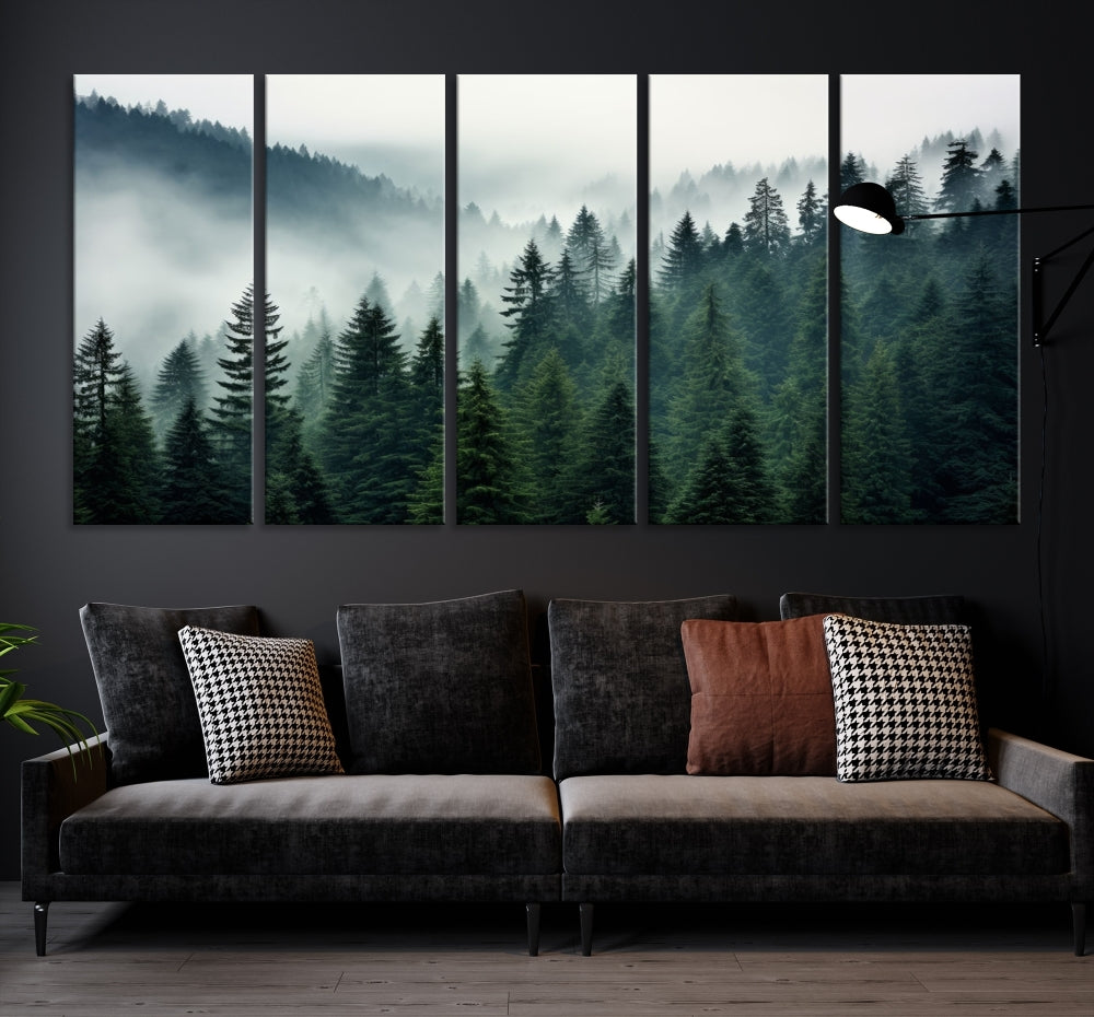 The Captivating Misty Forest Wall Art Premium Canvas Print portrays a foggy and serene atmosphere. This enchanting piece is displayed across three panels, each gallery wrapped for a seamless, sophisticated look.