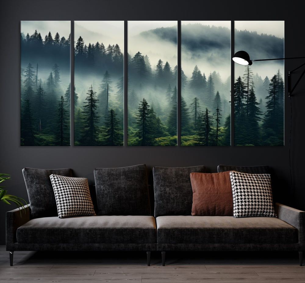 The Captivating Misty Forest Wall Art Premium Canvas Print creates a foggy and serene atmosphere in the living room. Each canvas is ready to hang and comes with a UV-protective coating to ensure lasting beauty.